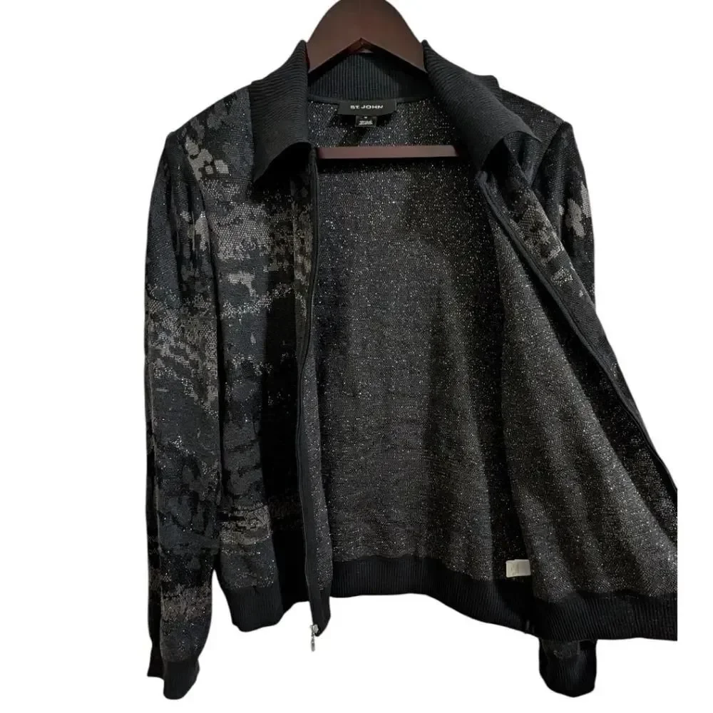St. John Black Glitter Knit Zip Jacket Cardigan M - Abstract Print Wool Blend